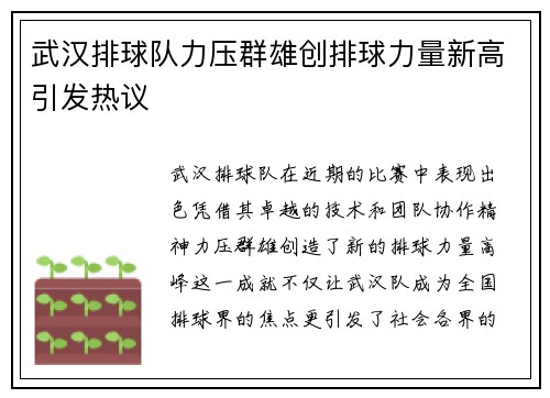 武汉排球队力压群雄创排球力量新高引发热议